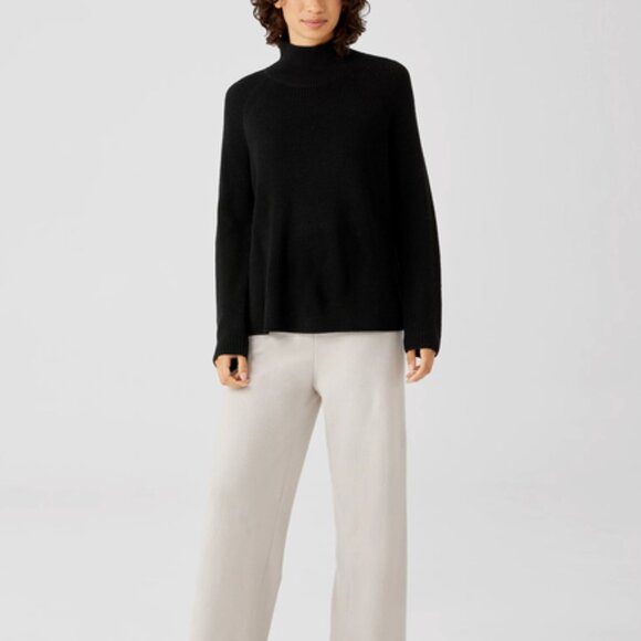 NWT Eileen Fisher Black Extra Fine Merino Wool Turtle Neck Raglan Top - Picture 2 of 5